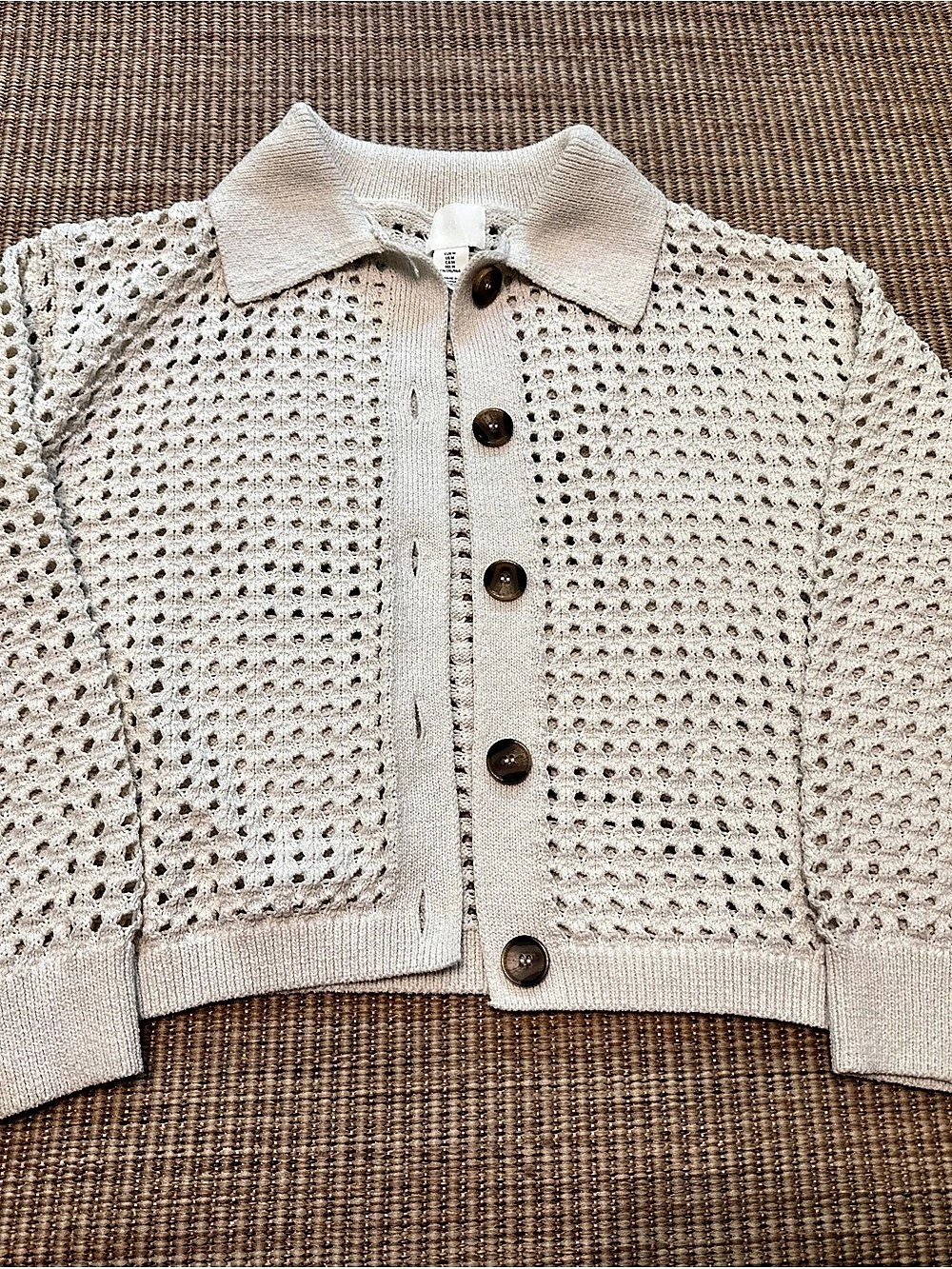 H&M Open Knit Collared Cardigan in Cream